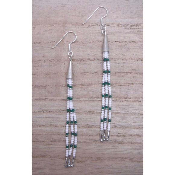 Earrings Beaded White, Green & Silver - Picture 1 of 3